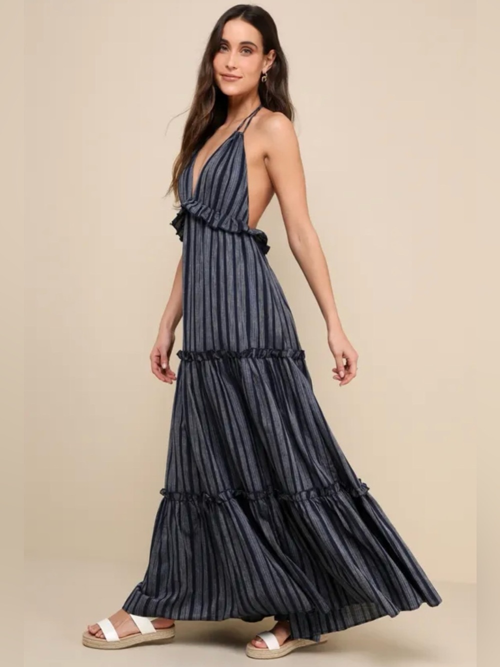 Lulus Cotton Vacay Babe Navy Blue Halter Maxi Dress Small